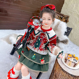 女孩裙子套装 圣诞节服装 儿童宝宝洋气针织衫 女童毛衣2024秋冬新款