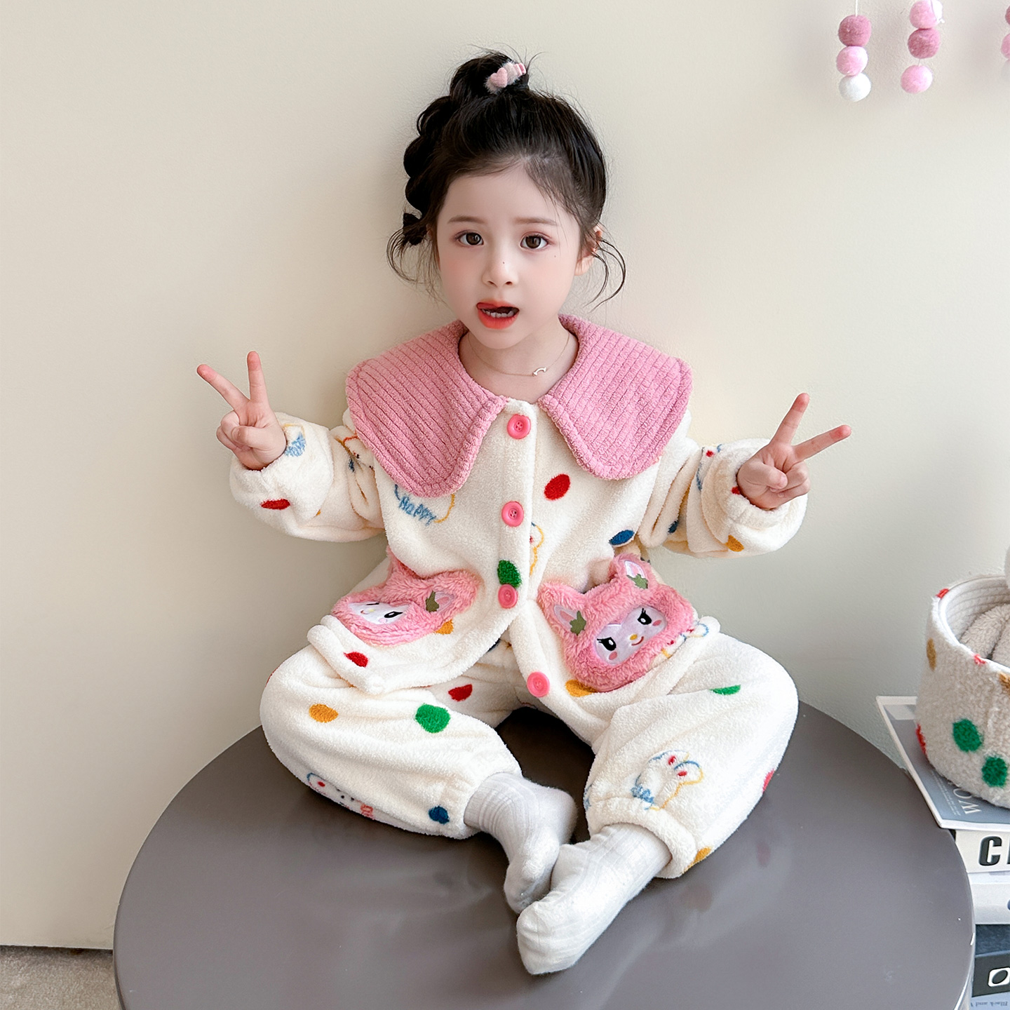 女童珊瑚绒睡衣秋冬款儿童加绒加厚法兰绒家居服女孩宝宝卡通套装