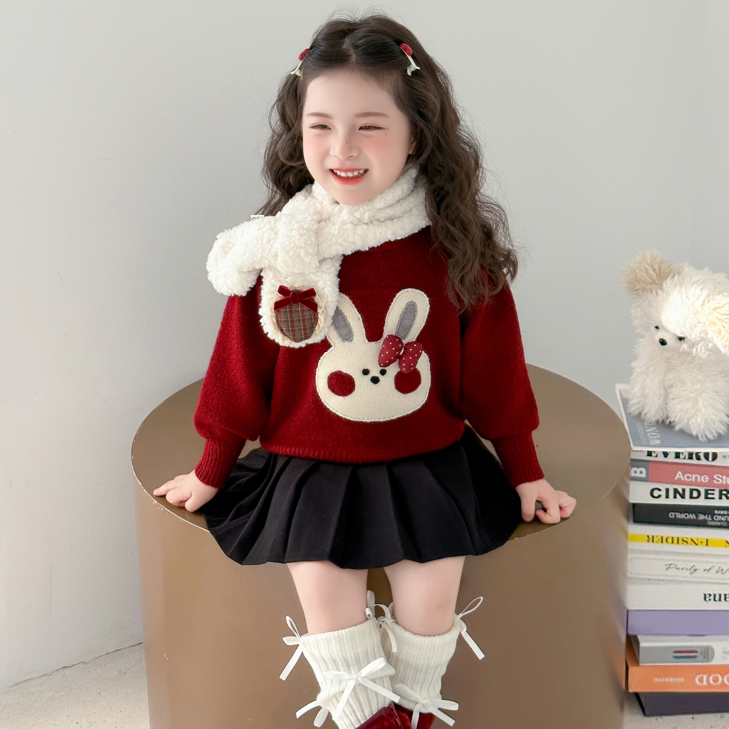 女童秋冬季加厚毛衣儿童红色拜年服针织衫女宝宝冬款上衣2025新款