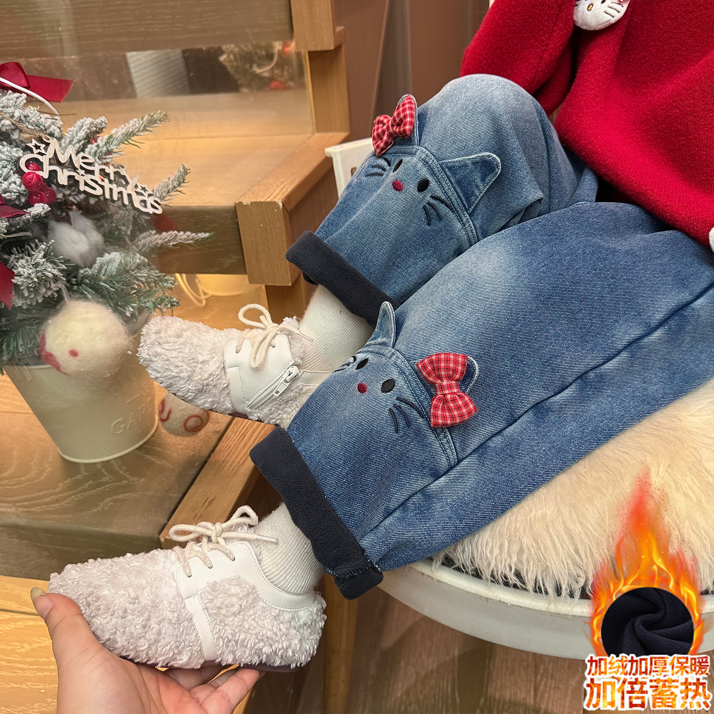 女童牛仔裤可爱KT猫渐变长裤秋冬保暖加绒加厚女宝宝一体绒休闲裤