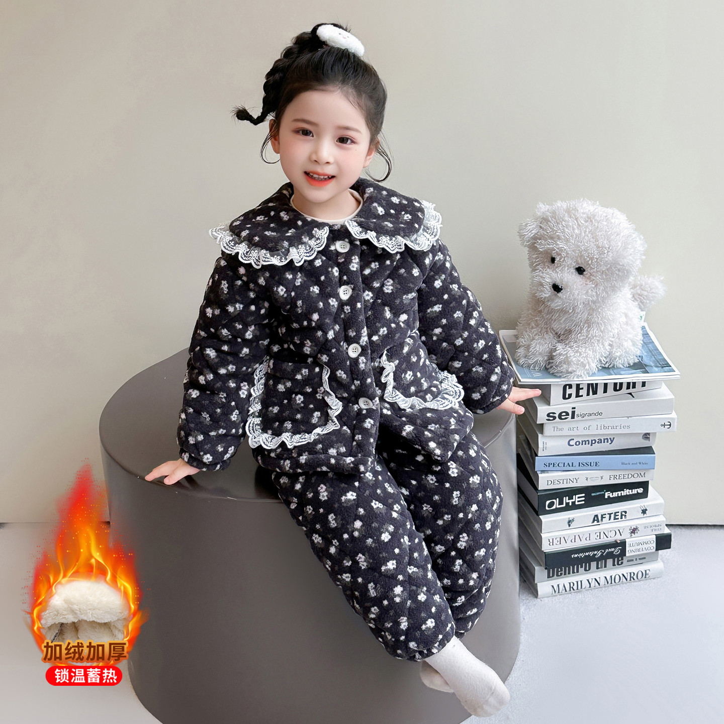 女童冬季法兰绒睡衣儿童三层加绒加厚家居服女孩珊瑚绒保暖家居服