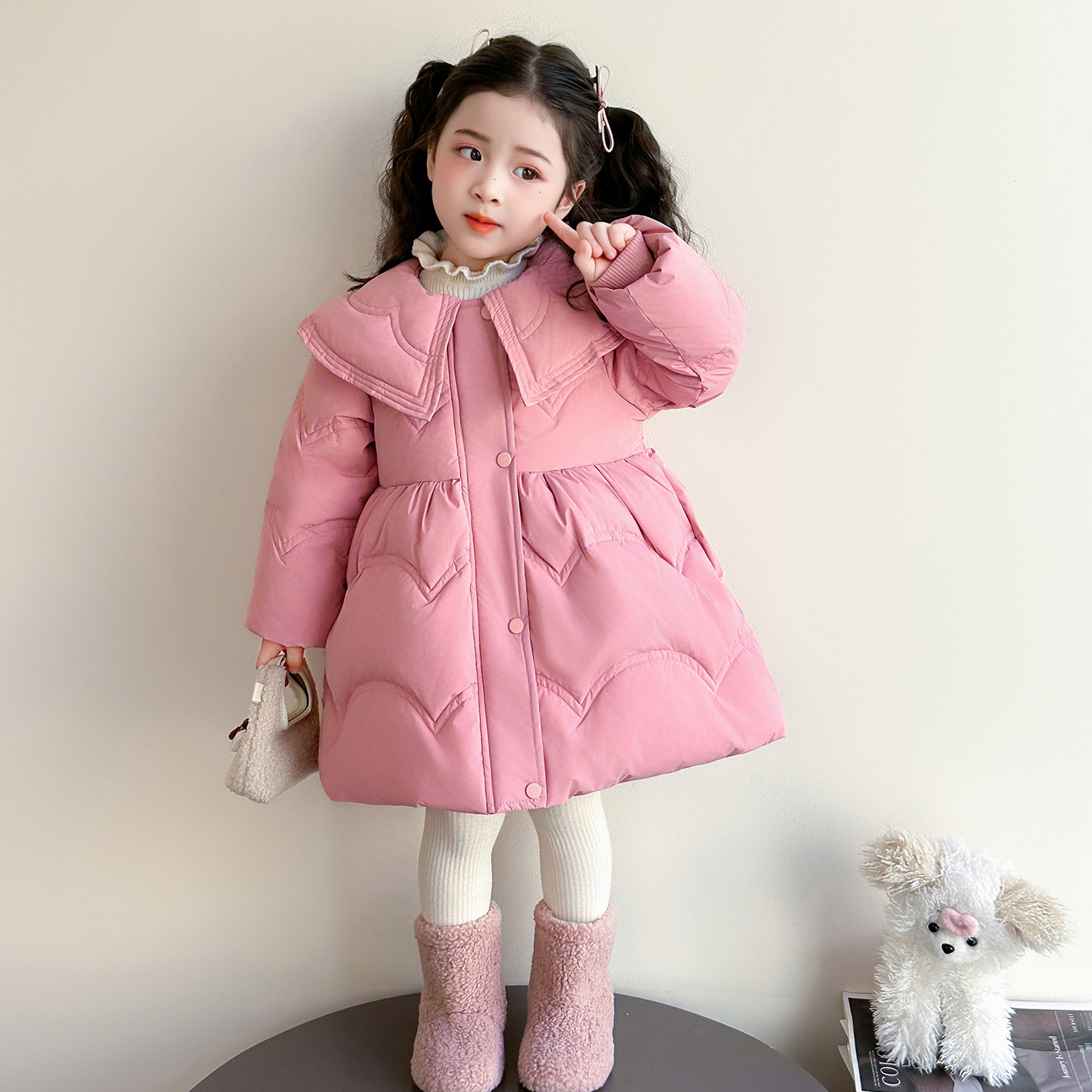 女童翻领羽绒服冬装新款中长款白鸭绒儿童加厚保暖外套时髦休闲款