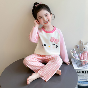 女童睡衣春款纯棉2026新款儿童蝴蝶结格子裤分体套装女宝宝家居服