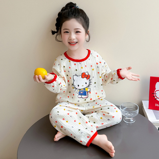 女童春秋棉纱布睡衣儿童可爱波点KT猫家居服女宝宝长袖空调服套装