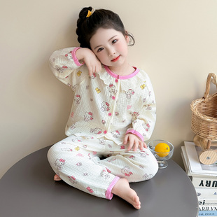 女童棉纱睡衣套装春秋款2026新款儿童宝宝粉色KT猫纯棉开衫家居服