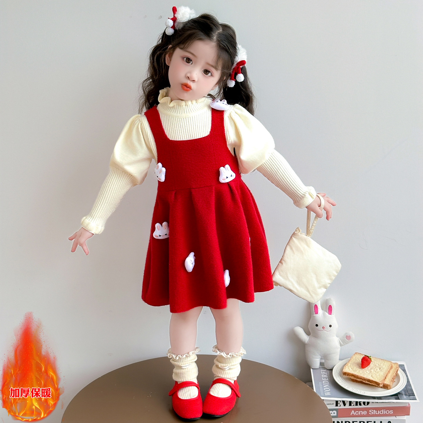 女童连体裙套装秋冬新款女宝宝红色喜庆加厚保暖毛衣公主裙两件套
