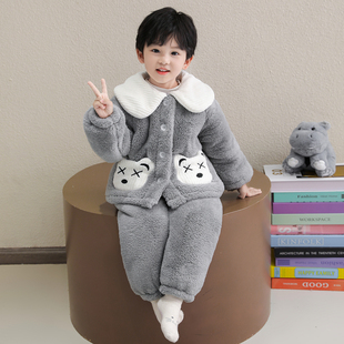 男童睡衣秋冬季雪肤绒翻领夹棉开衫套装儿童珊瑚绒加厚保暖家居服