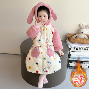 女童睡袍冬季三层夹棉雪粒绒彩点兔浴袍儿童睡衣女孩法兰绒家居服