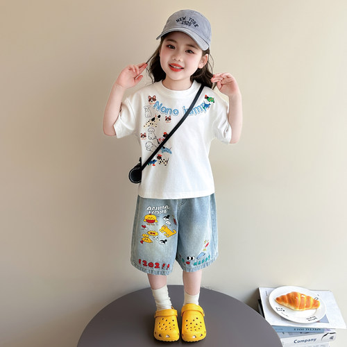 女童夏季套装2026新款女宝宝洋气卡通短袖儿童 T恤牛仔短裤两件套