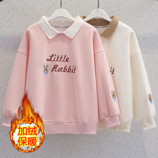 加绒翻领女童长袖卫衣春秋中大童洋气宽松休闲上衣刺绣时髦polo衫