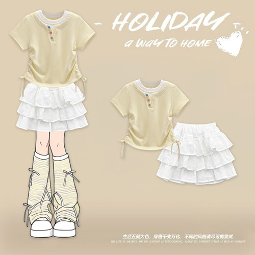 女童假两件T恤套装夏季2026新款小女孩中大童白色蛋糕裙两件套潮