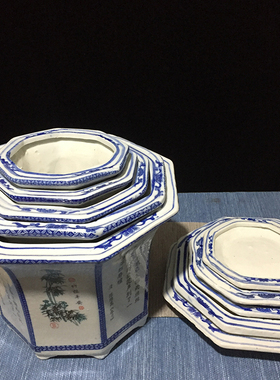 景德镇陶瓷花盆四君子八角青花瓷花钵室内外盆栽绿植多肉盆带底盘