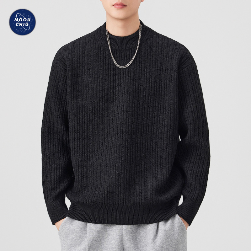 沐丘男装∣冬季半高领竖纹坑条毛衣男士宽松通勤保暖打底针织毛衫