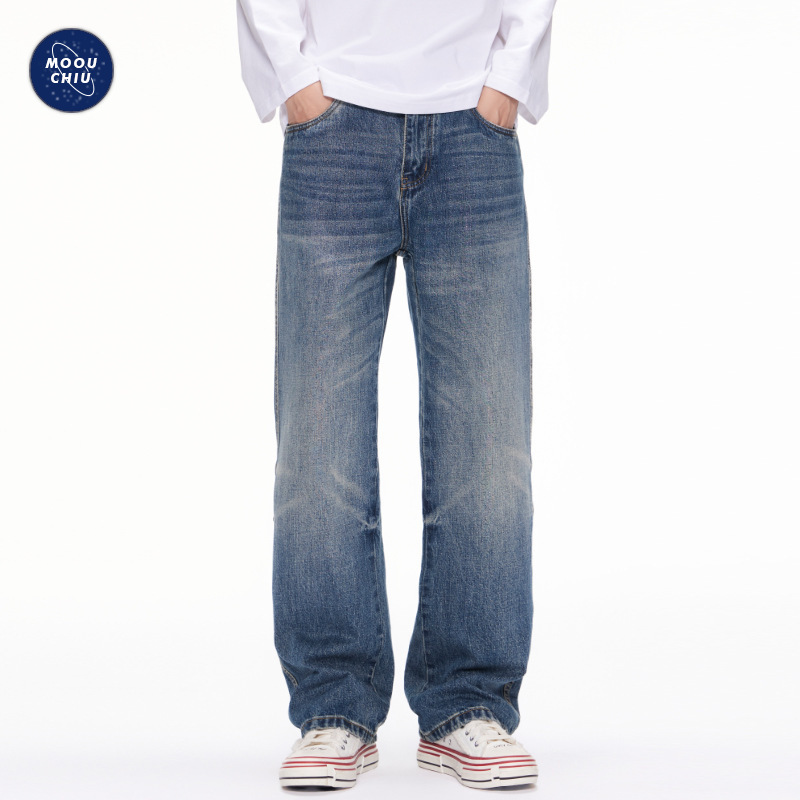 沐丘男装∣美式复古扎花水洗高街牛仔裤男直筒宽松痞帅休闲长裤子