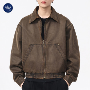沐丘男装∣巴安油蜡皮老钱风复古短款夹克男美式休闲宽松工装外套