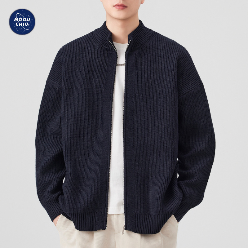 沐丘男装∣潮牌美式立领开衫拉链毛衣男宽松通勤慵懒风针织衫外套