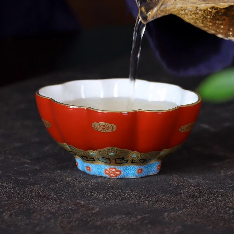 灵玺贡坊 手绘粉彩故宫红主人杯高级感 景德镇喜庆纯手工陶瓷茶杯