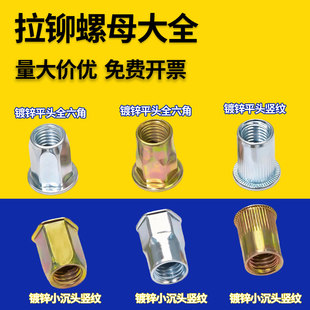 拉铆螺母大全镀彩平头小沉头镀锌半六角全六角M4M5M6M8M10M12预埋