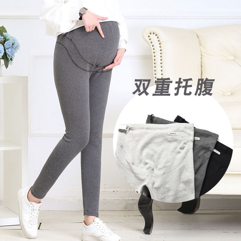 韩版双重托腹孕妇裤孕妇打底裤磨毛春秋冬装加肥加大码好质量