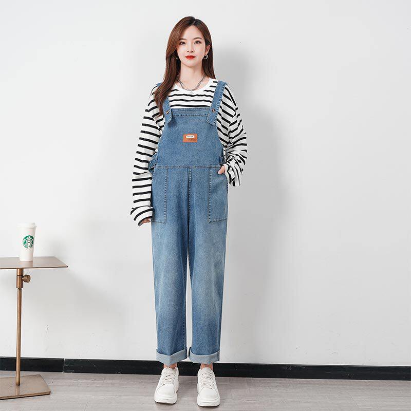 孕妇裤背带裤宽松遮肚显瘦潮妈阔腿牛仔裤春秋冬款加肥加大码加绒