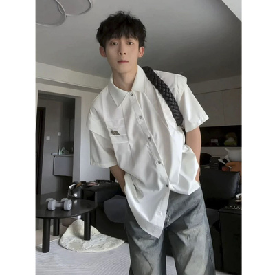 解构压褶短袖衬衫男设计感小众痞帅高级感男装发型师白色衬衣外套