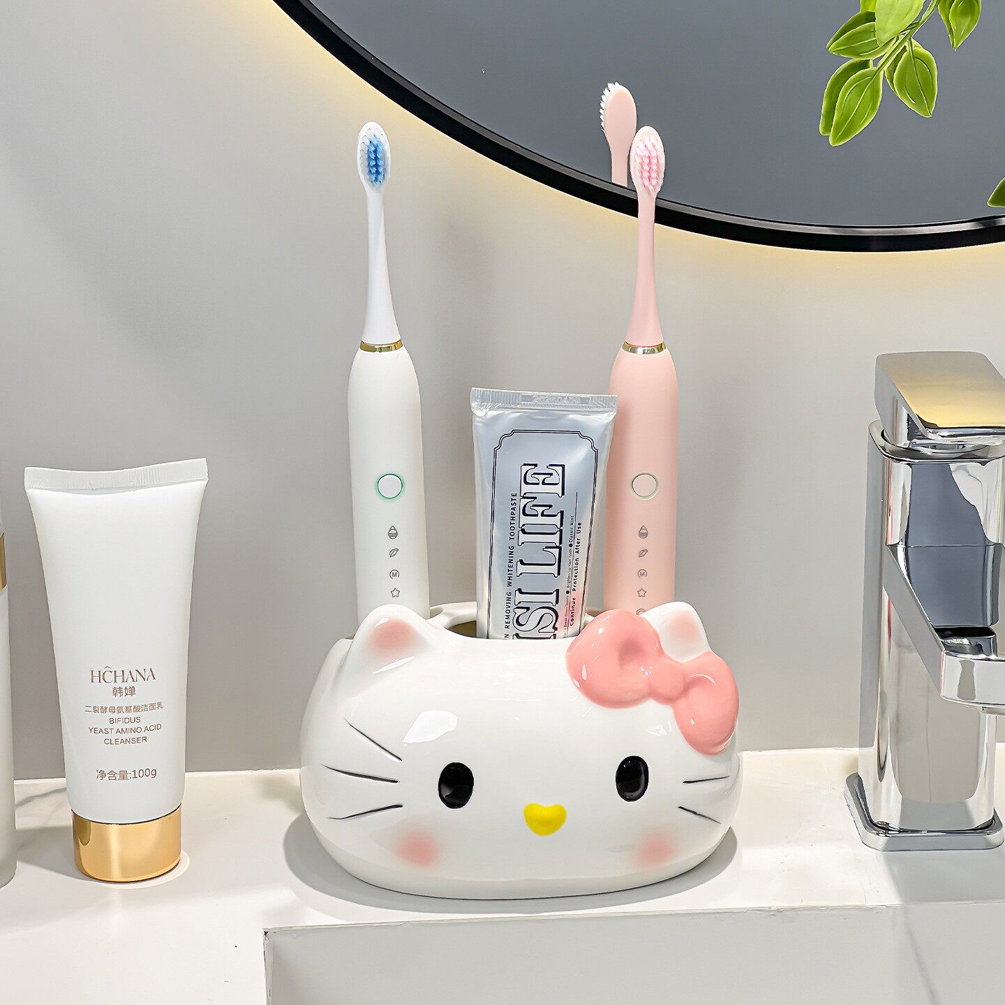 猫咪创意卫生间洗漱台情侣电动牙刷置物架浴室洗手台陶瓷收纳架子