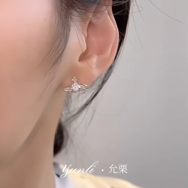 闪锆土星耳钉女密镶满钻简约轻奢