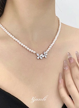 法式甜美蝴蝶锆石珍珠项链春夏款