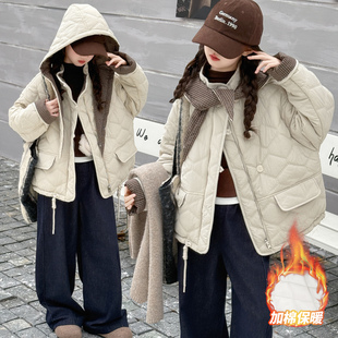 女童棉服冬装2025新款韩系连帽棉袄洋气时髦加厚保暖格子绗棉外套