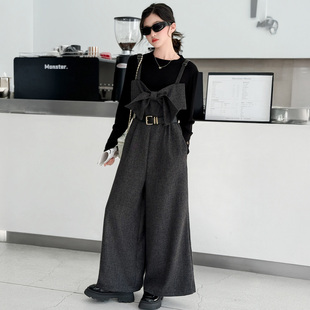 女童套装春装韩系穿搭蝴蝶结背带阔腿裤高级感洋气礼服走秀两件套