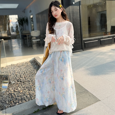 女童套装夏款韩系洋气甜美度假风穿搭防晒衣吊带花苞裙裤三件套潮