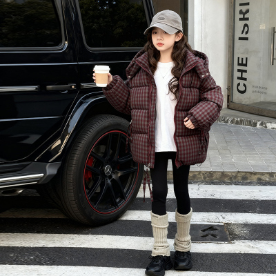 女童棉衣冬装2025新款中大童面包服加厚连帽韩系格子羽绒棉服外套