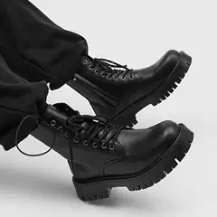 Long Martin Boots for Men, British Style, High-Top, Thick-Soled, Height-Increasing Work Boots, Men's Genuine Leather Winter Fleece-Lined Motorcycle Boots