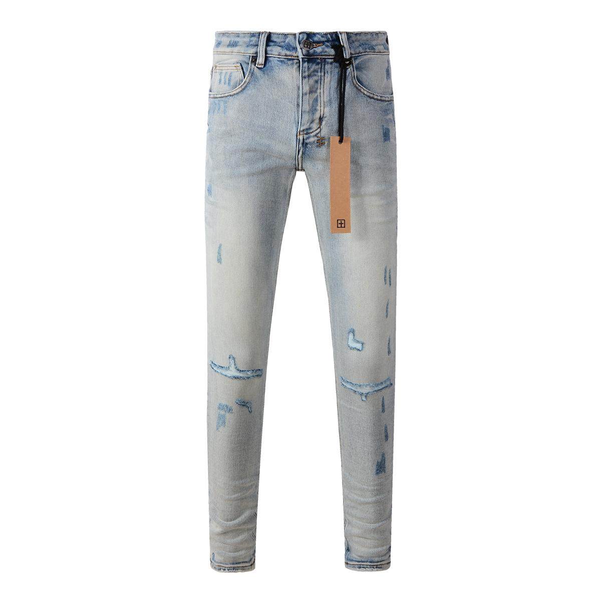 美式潮牌KSUB JEANS新款浅色膝盖刀割破洞牛仔裤弹力修身小脚裤男
