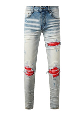 AMR JEANS 美式高街潮牌水洗磨白牛仔裤红色拼皮补丁修身小脚裤男