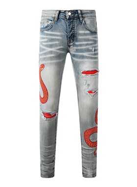 AMR JEANS 高街潮牌新款红色毒蛇刺绣破坏补丁牛仔裤修身小脚裤男