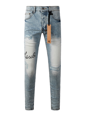 KSUB1 JEANS 美式潮牌新款浅蓝色破洞牛仔裤男LOGO印花修身小脚裤