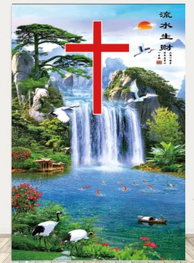十字架风景画现代简约客厅背景墙贴画 防水PP背胶无框油画布壁画