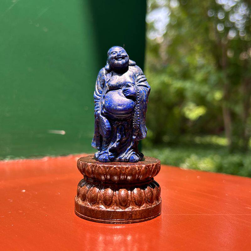 天然青金石弥勒佛摆件小巧原矿不占地方送实木底座奇石镇纸工艺品