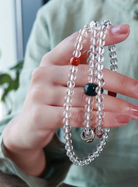 天然水晶多圈手链药师牌民族风饰品配种子字环925银