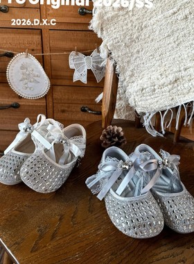 2026春新款女童甜美公主鞋蝴蝶结水钻洋气浅口皮鞋时尚儿童水晶鞋