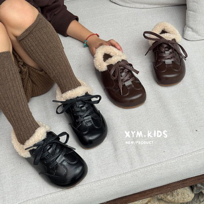 2025冬新款复古羊羔毛女童小皮鞋