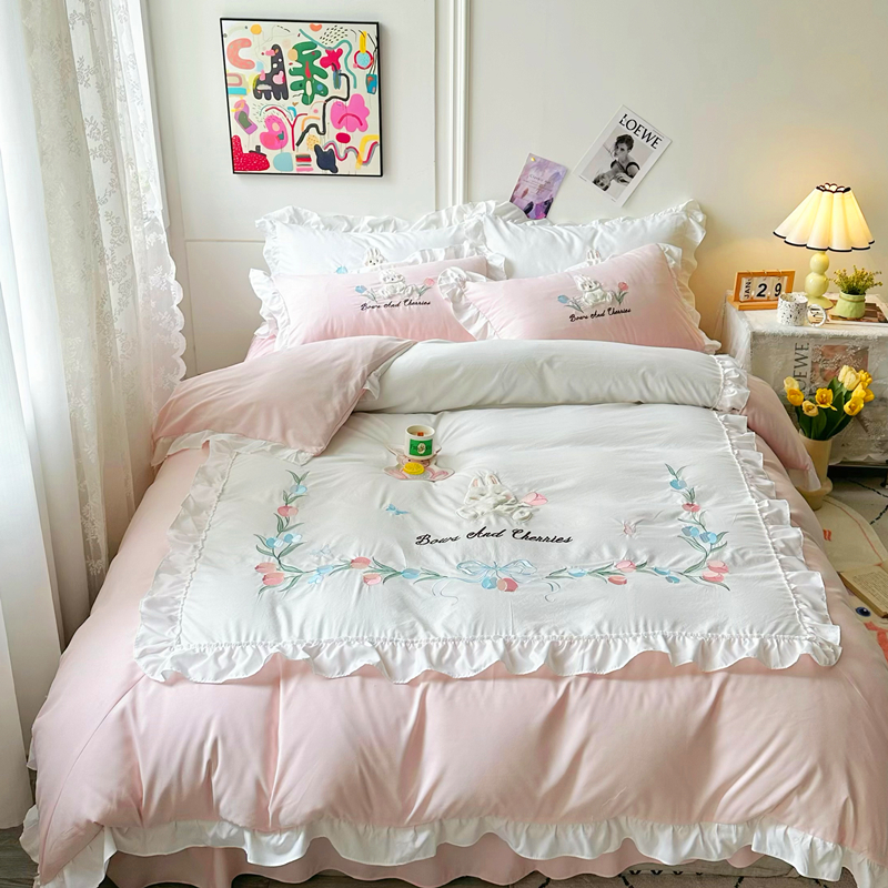 ins小花纯色水洗棉四件套 粉色公主风花边被套床单床裙款绣花床品