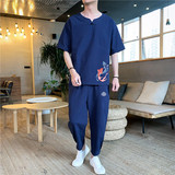 2021夏季风亚麻套装男士棉麻短袖T恤大码九分裤套装P70，男装套装，星座217-5