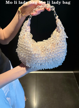复古印度手工串珠水晶短流苏手提袋月牙形缎面斜跨手拎包手挽包