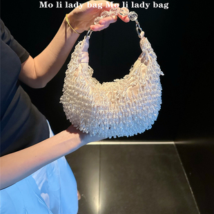 复古印度手工串珠水晶短流苏手提袋月牙形缎面斜跨手拎包手挽包