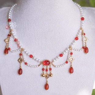 格格间原创【清和】红色多层项链珍珠软璎珞手工古风汉服配饰