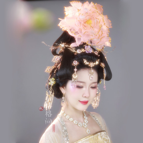 格格间原创【醉棠】粉色闪闪牡丹烫花唐风复原发饰套装国风汉服