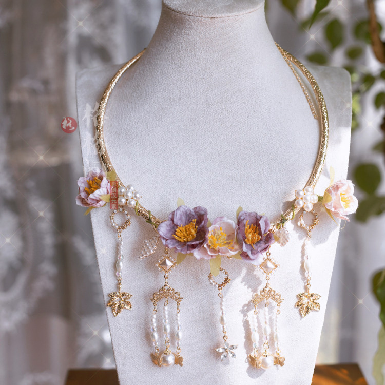 格格间原创紫霞花神绢花项圈璎珞