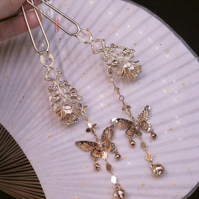 格格间原创【花露】保色铜蝴蝶流苏发簪掩鬓插梳子古风汉服配饰